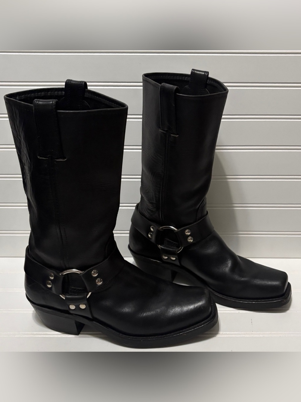 FRYE Vintage Black 12R Harness Boots Distressed Womens Size 8 Made in USA 431074